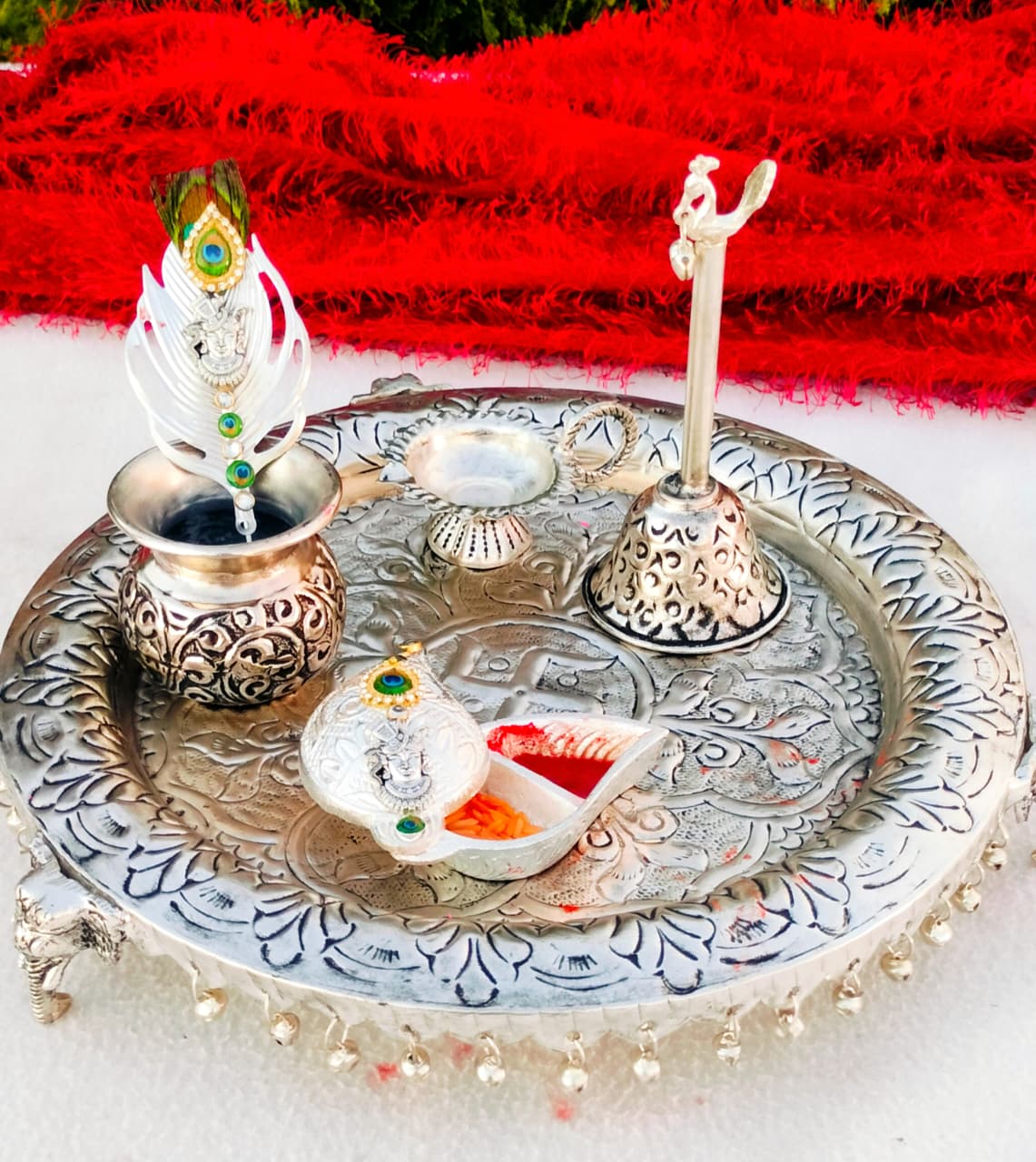 german silver pooja thali 6 pieces set for diwlai/ housewarming
